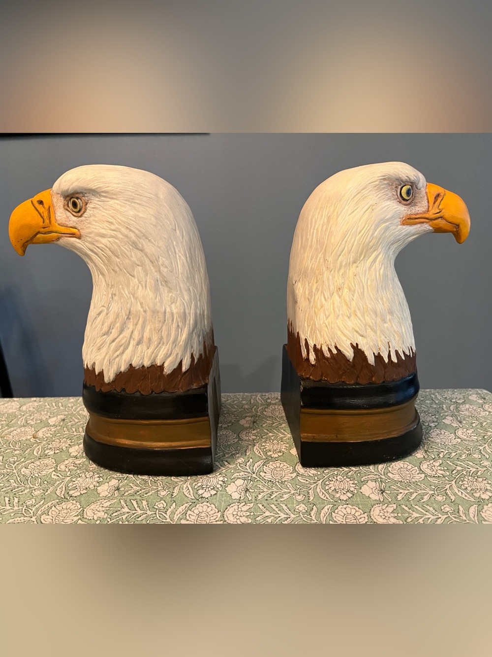 Pair of Bald Eagle Head Bookends - White, Brown & Gold Handpainted